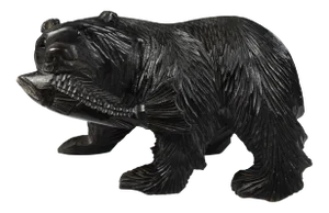 Vintage Hand Carved Solid Wood Black Bear Holding Fish in Mouth