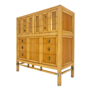 Burl Wood Panel Brass Birch 7 Drawer Mid Century Modern High Boy Dresser