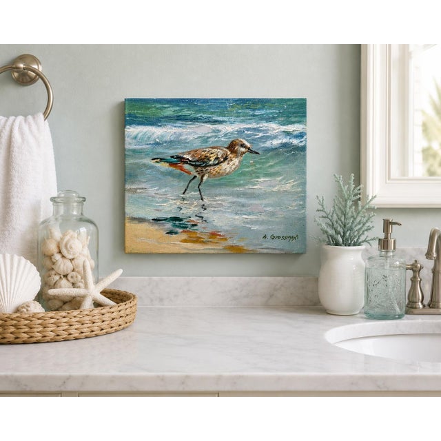 A charming original oil painting depicting a sandpiper wading along the surf line. Executed with expressive palette-knife...