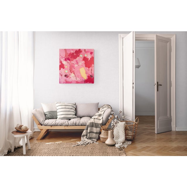 Play #14 is an original contemporary abstract painting with a saturated field of pinks and reds, punctuated by soft,...