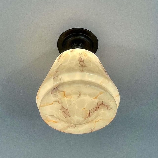1930s Art Deco Marbled Opaline and Brass Flush Mount, Germany, 1930s For Sale - Image 5 of 16