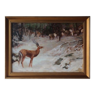 Unusual Reindeer and African Gazelle in Woods Oil on Linen Signed Anderson For Sale