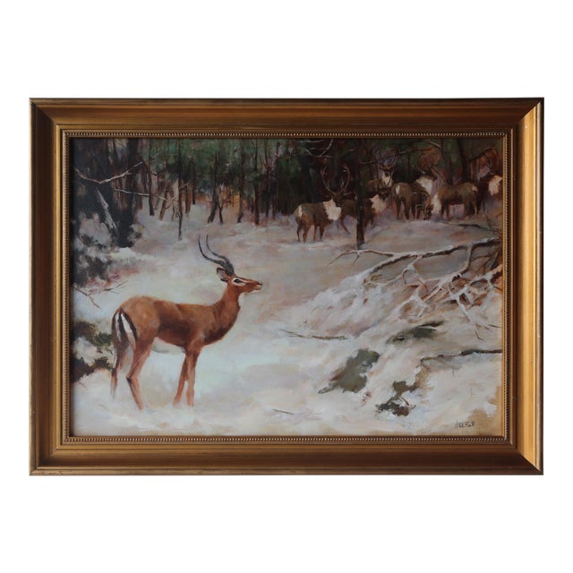 Unusual Reindeer and African Gazelle in Woods Oil on Linen Signed Anderson For Sale