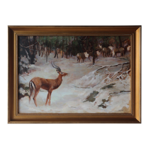 Unusual Reindeer and African Gazelle in Woods Oil on Linen Signed Anderson