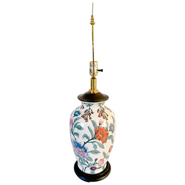 Chinoiserie Vintage Chinoiserie Famille Rose Porcelain Table Lamps With Brass Shou Finials - a Pair For Sale - Image 3 of 15