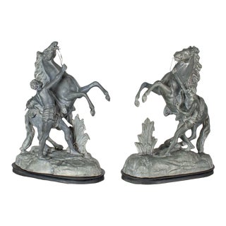 Antique Detailed Spelter Marly Rearing Horse & Groom Sculptures After Guillaume Coustou - a Pair For Sale