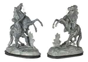 Antique Detailed Spelter Marly Rearing Horse & Groom Sculptures After Guillaume Coustou - a Pair