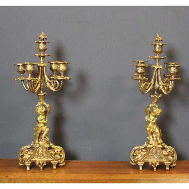 Cherub Candlesticks in Gilt Bronze, Late 19th Century, Set of 2 For Sale - Image 5 of 12