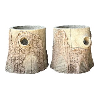Handcrafted Faux Bois Cement Planters - A Pair For Sale