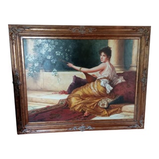 1990s Large Original Regency Fine Art Studio Painting “Woman With Lute” by Talach – Framed 60 X 47 For Sale