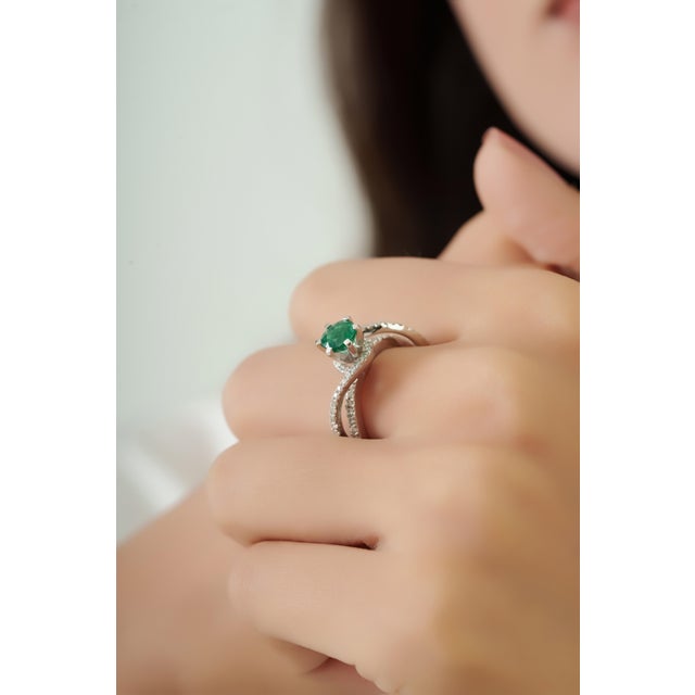 Not Yet Made - Made To Order Art Deco Emerald & Diamond Crossover Cocktail Ring in 18k White Gold Size 4 For Sale - Image 5 of 16