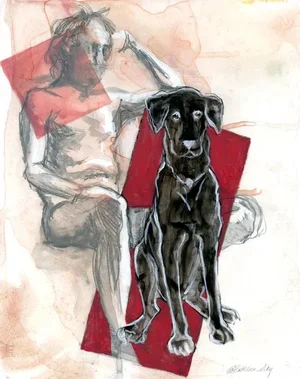 Original Semi Abstract Mixed Media Drawing and Painting by Kathleen Ney, Man With Dog