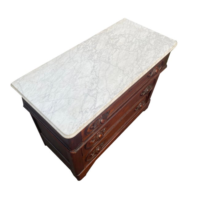 Mid 19th Century 1800s Walnut Marble-Top Dresser With Carved Drawer Pulls For Sale - Image 5 of 12