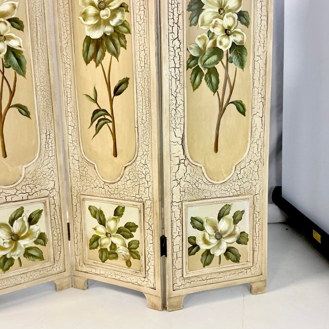 1980s Vintage Boho Chic Hollywood Regency Coastal Hand Painted Magnolia Room Divider Screen For Sale - Image 11 of 12