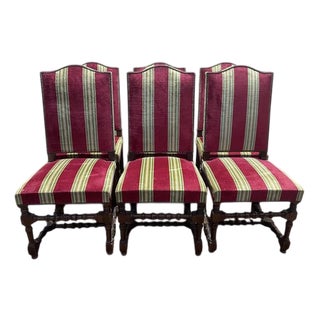 Louis XIII Style Striped Velvet Chairs, Set of 6 For Sale