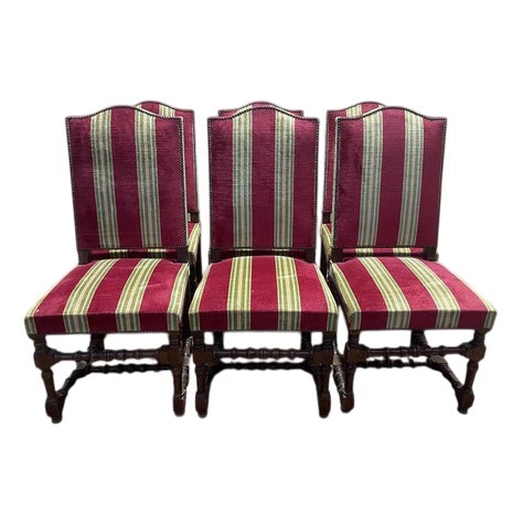 Louis XIII Style Striped Velvet Chairs, Set of 6 For Sale