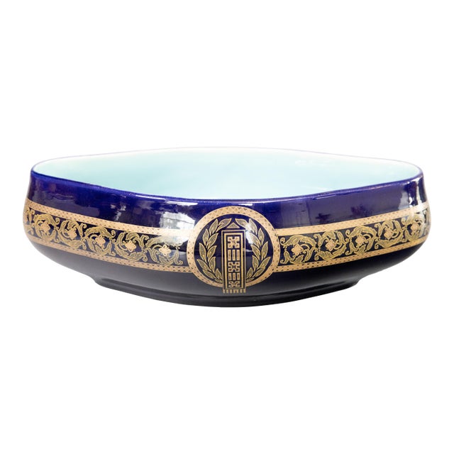 Antique Neoclassical French Sarreguemines Majolica Cobalt Blue & Gilt Oval Centerpiece Bowl For Sale