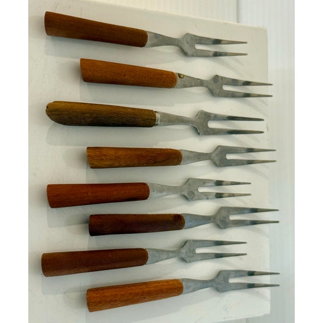 Mid-Century Modern Vintage Japanese Mid-Century Stainless & Wood Cocktail Forks — Set of 9 For Sale - Image 3 of 11