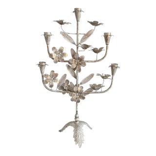 Late 20th Century Tall Bohemian Brushed Gold and Cream Pedestal Tole Candelabra For Sale