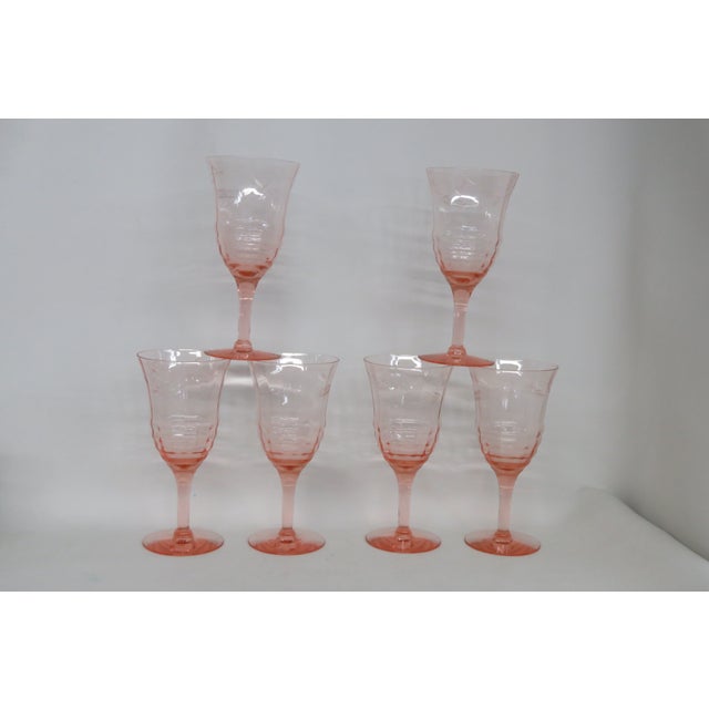 Early 20th Century Pink Stem Depression Glass Ribbed Glassware Wine Water Drink Goblets 4752b - 6pc For Sale - Image 14 of 15