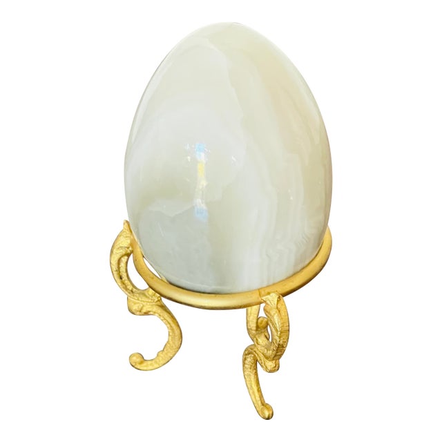 Natural Gray Agate Stone Egg on Gold Stand For Sale