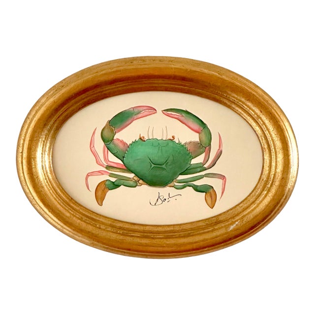 Original Hand-Painted Crab Painting Framed in a Vintage Italian Frame For Sale