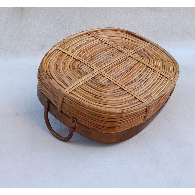 Brown Rattan Basket with Brass Edge Handles, 1970s For Sale - Image 8 of 9