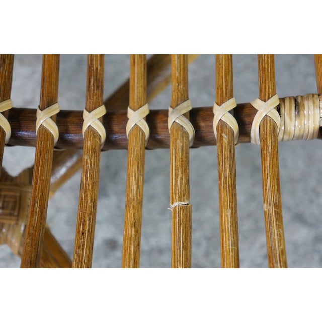 Pair Mid Century Modern Rattan Bamboo Armchairs Boho Sunburst Fan Back Chairs For Sale - Image 17 of 18