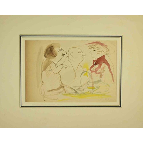 Mino Maccari, Figures Watercolor Drawing, 1945, Watercolor For Sale