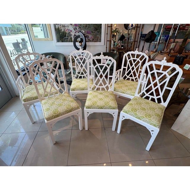 1970s Set of 6 Newly Lacquered Upholstered Pagoda Chinese Chippendale Dining Chairs For Sale - Image 5 of 12