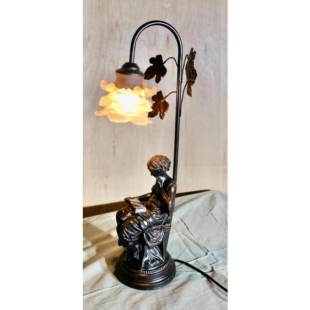 French Figural Bronze Lamp with Lady Reading, 1970s For Sale - Image 3 of 10