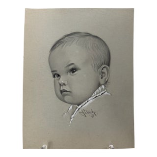1940s Original Signed Graphite Illustration of Baby Portrait, 11.5 × 9 In. For Sale