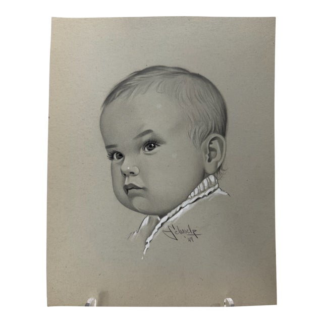 1940s Original Signed Graphite Illustration of Baby Portrait, 11.5 × 9 In. For Sale