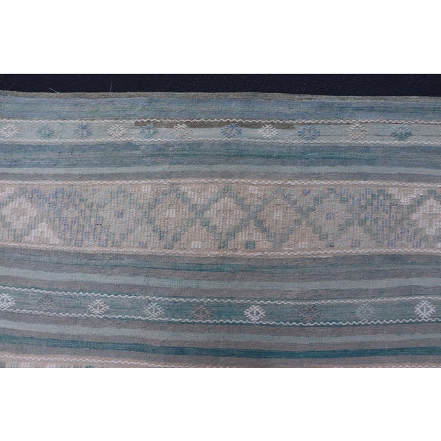 Blue Turkish Flat-Weave Kilim in Soft Colors With Stripes and Embroideries For Sale - Image 8 of 12