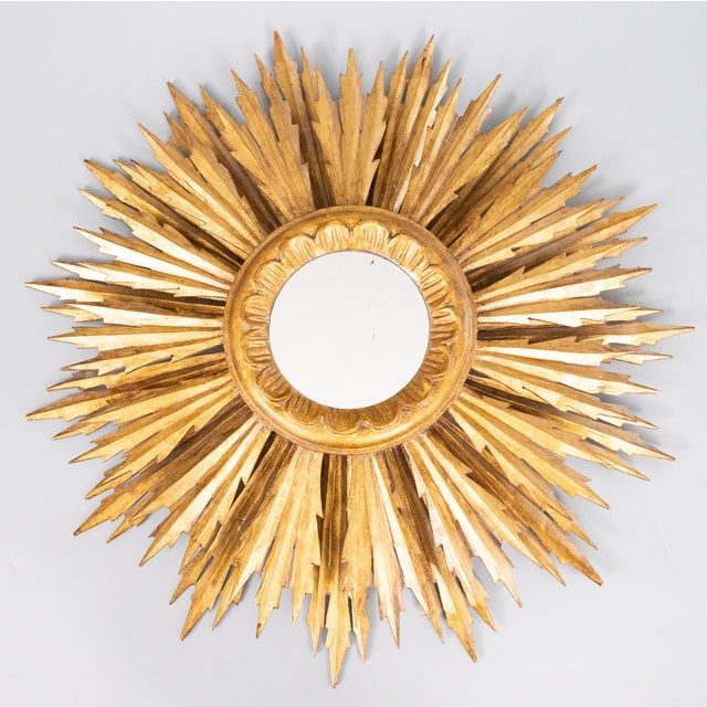 Mid-Century French Giltwood Two Tier Sunburst Mirror For Sale In Houston - Image 6 of 6