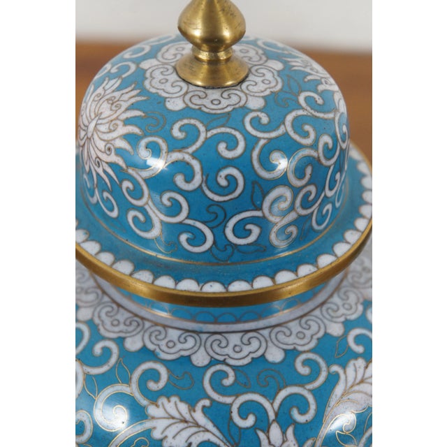 Late 19th Century Antique Turquoise Cloisonné Chrysanthemums Lidded Ginger Jar Vase Urn - a Pair For Sale - Image 5 of 12