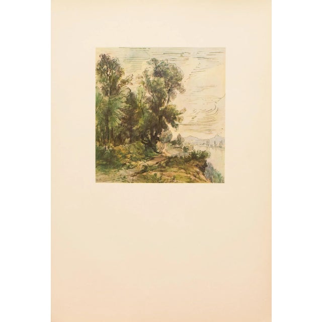 An excellent small vintage full-color print of pen and watercolor painting River Landscape by Theodore Rousseau. Comes...