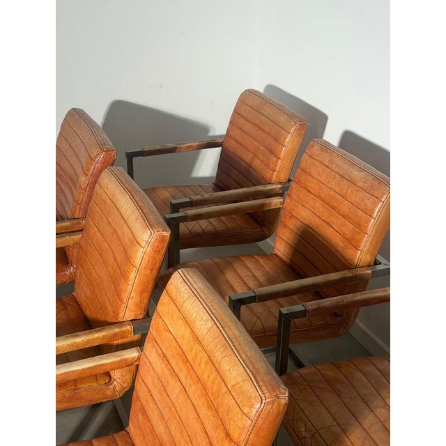 Vintage Cognac Leather Cantilever Armchairs, Set of 6 For Sale - Image 5 of 7