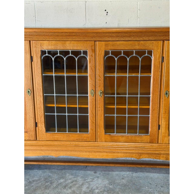 In Style of Henning Kjærnulf Oak Sideboard Credenza With Carved and Leaded Glass Doors Danish Mid-Century Modern 1970s For Sale - Image 11 of 11