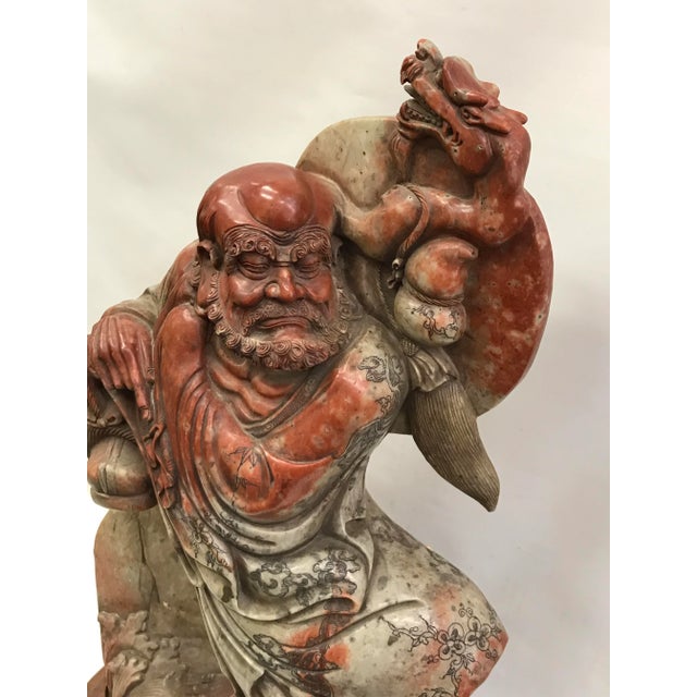 Burnt Umber Chinese Art Carved Soapstone Monk With Wood Stand For Sale - Image 8 of 10