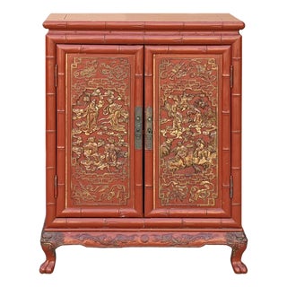 Oriental Red Matte Golden Relief Carving Small Cabinet Chest For Sale