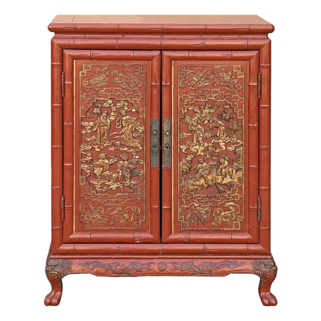 Oriental Red Matte Golden Relief Carving Small Cabinet Chest For Sale