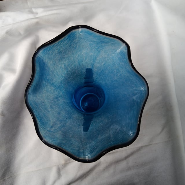 Boho Chic Late 20th Century Ruffled Edge Blue Art Glass Vase With Handles For Sale - Image 3 of 5