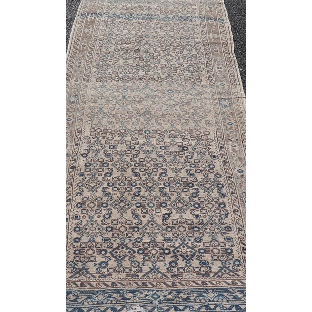 Vintage Persian Hamadan Runner in Light Blue, Ivory, and L. Brown. Country of Origin: Iran; Type: Hamedan; Design: Floral,...