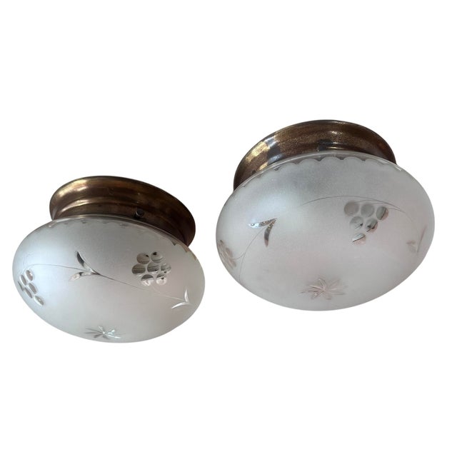American 1920s American flush mounts with original old brass holders featuring leaves, berries, and star wheel-cut patterns, with frosted glass — a pair For Sale - Image 3 of 7