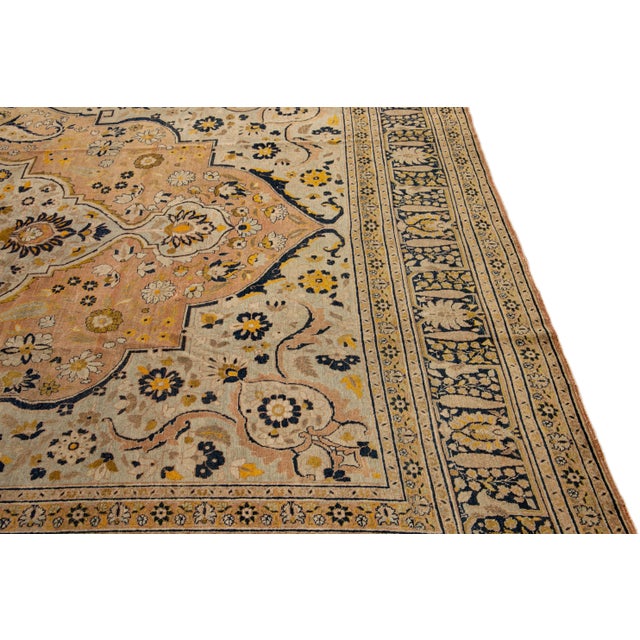 Beige Antique Persian Tabriz Handmade Medallion Motif Blue and Beige Wool Rug For Sale - Image 8 of 11