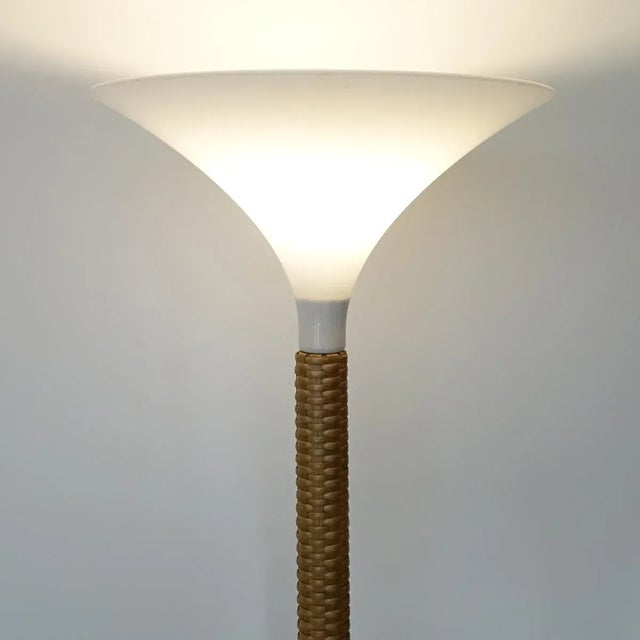 Wood Modern Floor Lamp with Braided Rattan Base and White Witch Hat Shade, 1970s For Sale - Image 7 of 8