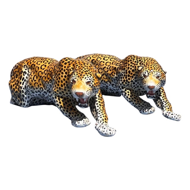 Mid 20th Century Monumental Vintage Italian Ceramic Leopards - Set of 2 For Sale