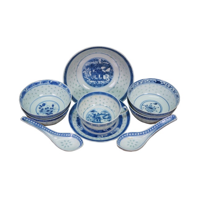 Chinoiserie Vintage Chinese Rice Eye Grain Translucent Blue Porcelain Dinnerware - 10 Pc For Sale - Image 3 of 11