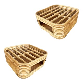 1950s Restored Stacked Rattan Footrest Ottoman With Cubby Space, Pair For Sale